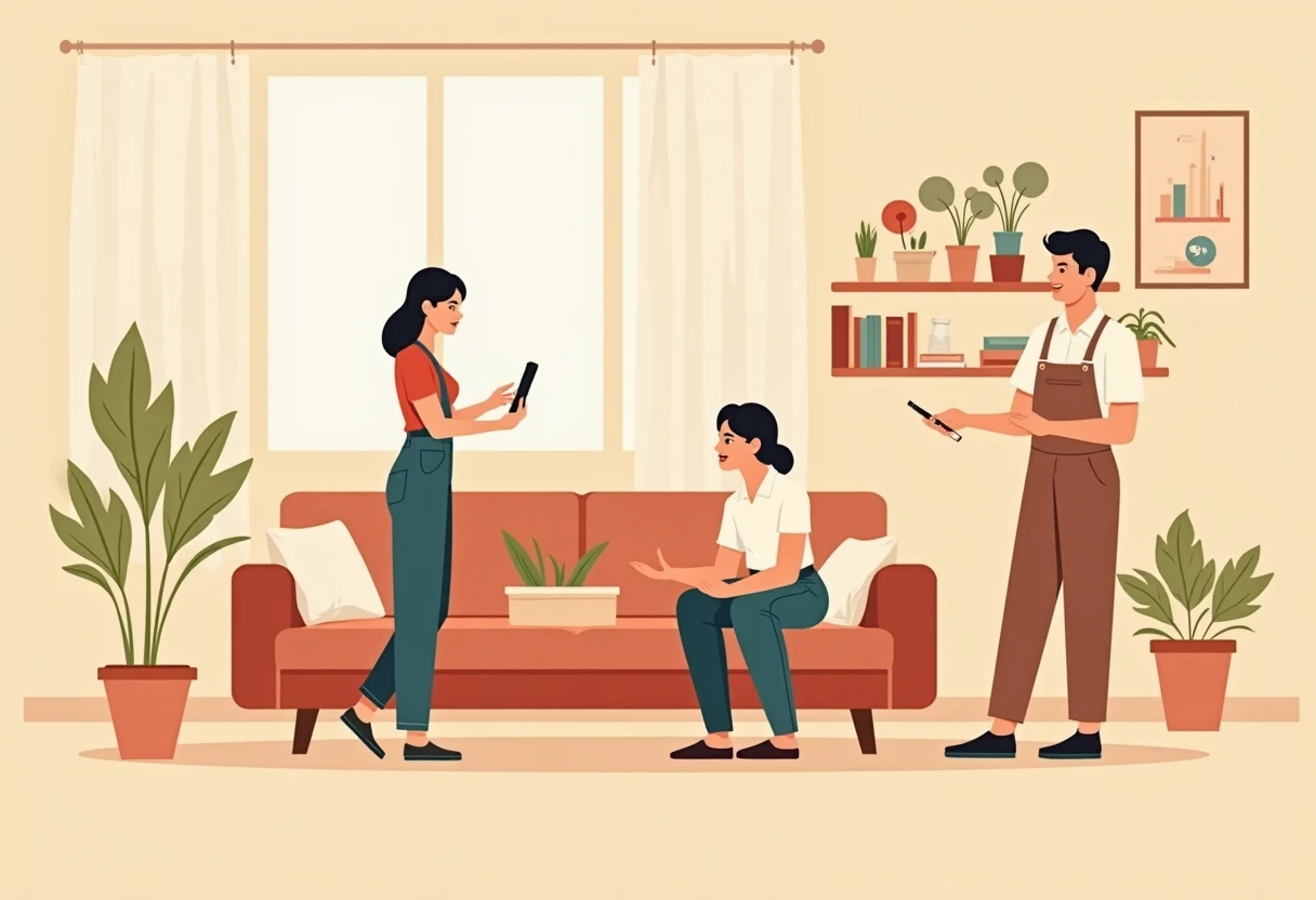 Freelance housekeeper organizing a living room