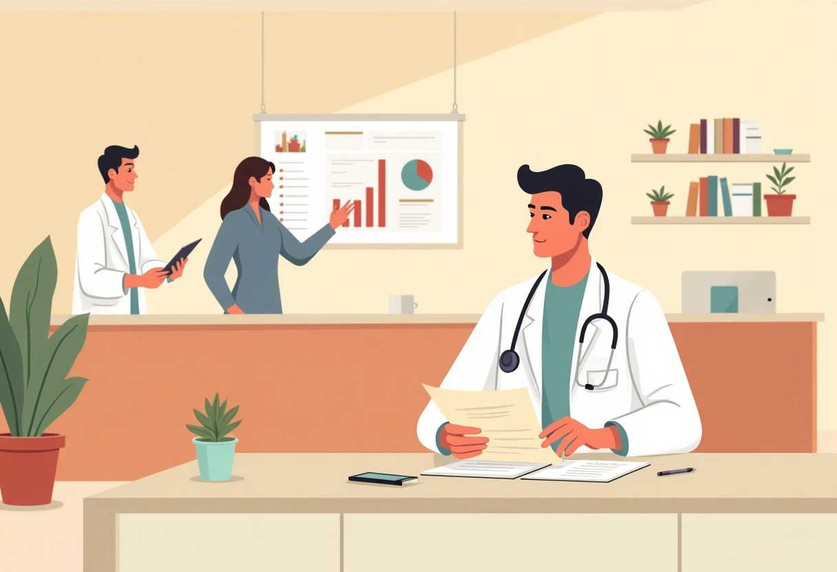 Revisando documentos médicos en clínica