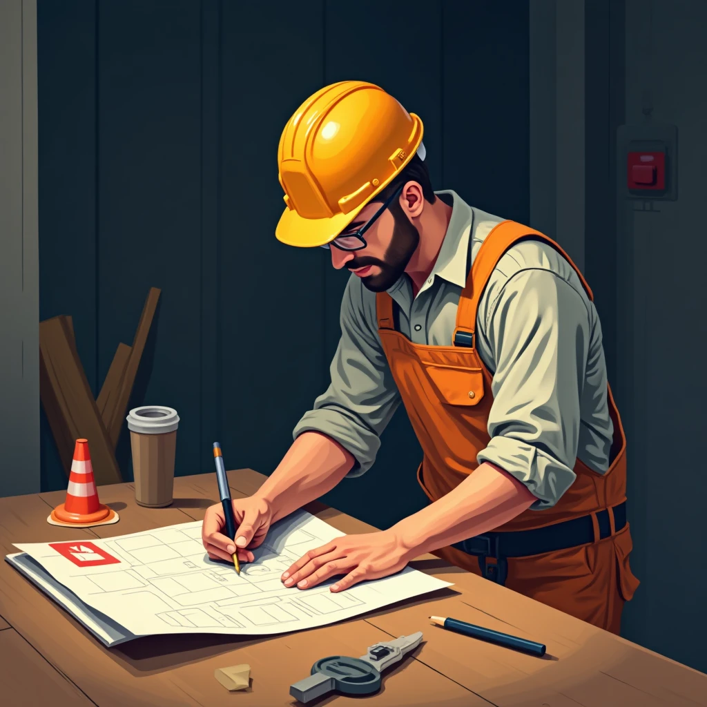 Trabajador de construcción revisando planos