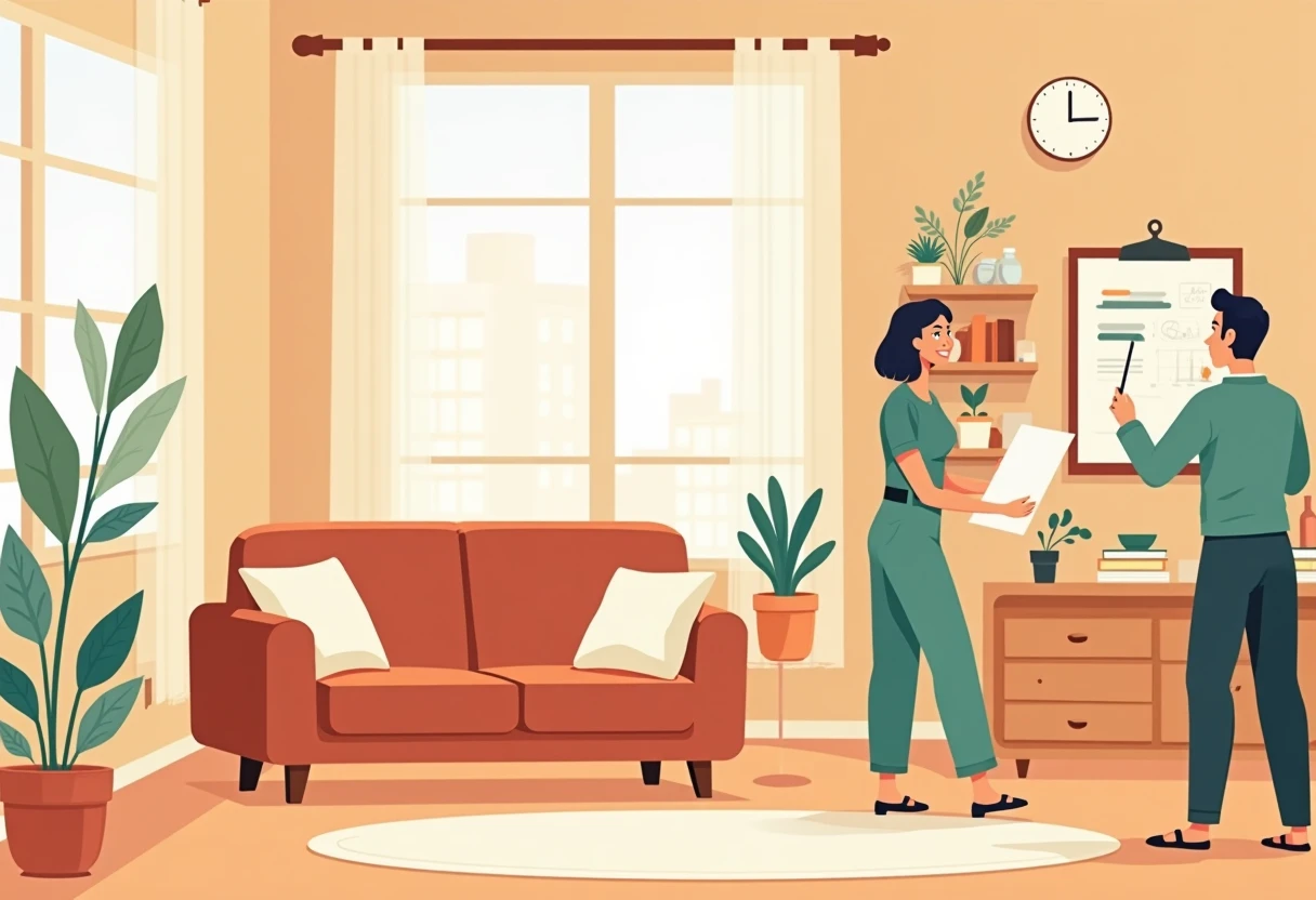 Housekeeper organizing a living room